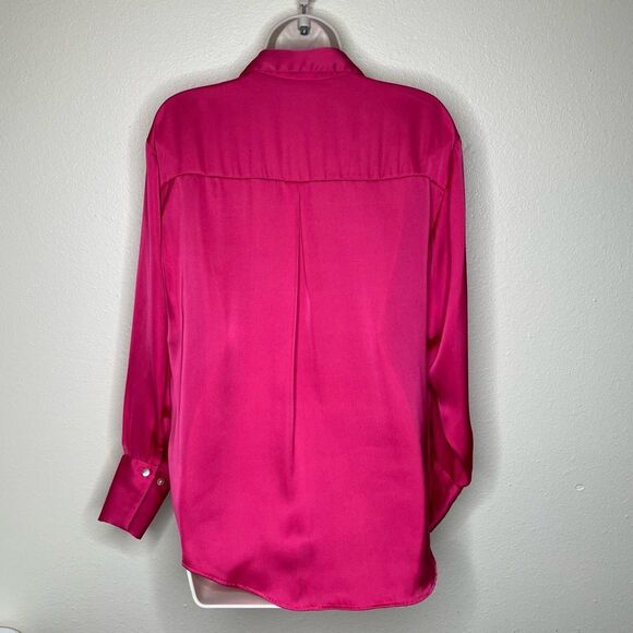 Zara Hot Pink Satin V Neck Long Sleeve Button Front French Cuff Shirt Women XS - Picture 9 of 15